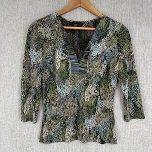BCBG Max Azria Top Shirt Womens Medium Green All Over Print Y2K Henley